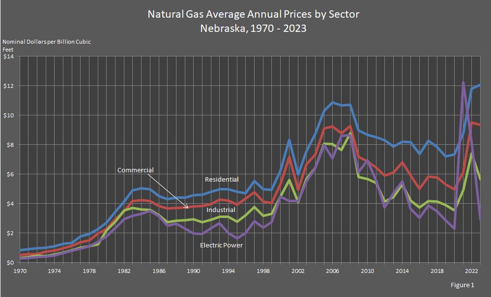 Figure 1 shows the average annual natural gas prices by sector in Nebraska.